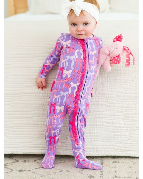 Rosy Ribbons Ruffle One Piece Footie Pajama, Bamboo Viscose