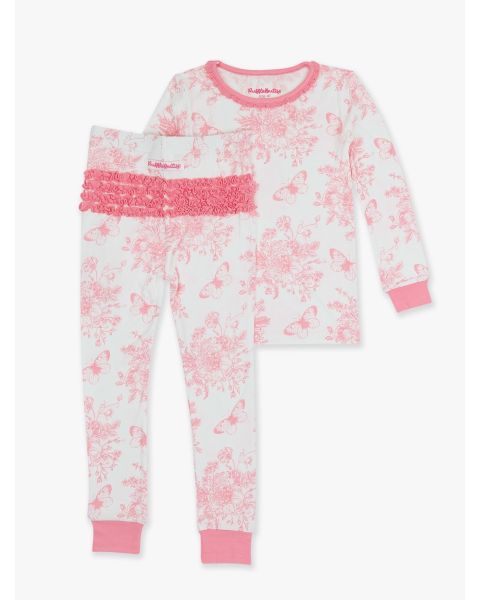Pink Butterfly Garden Toile Toddler Ruffle Long Sleeve Pajama Set, Bamboo Viscose
