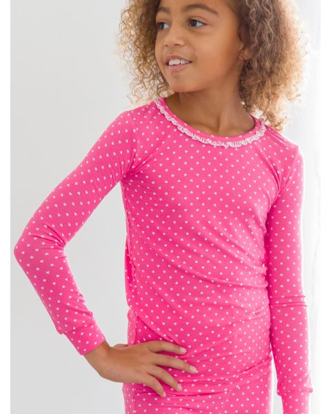 Hot Pink Heart Polka Dot Ruffle Long Sleeve Pajama Set