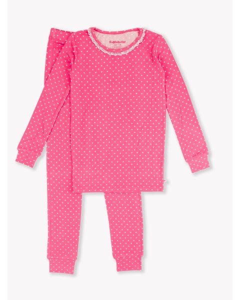 Hot Pink Heart Polka Dot Ruffle Long Sleeve Pajama Set