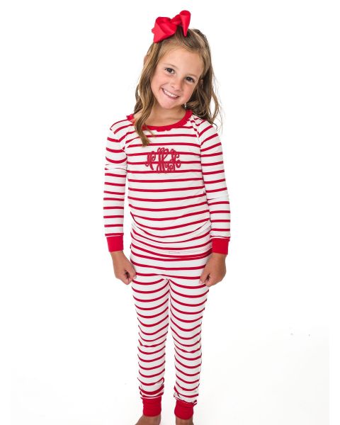 Red & White Stripe Toddler Ruffle Long Sleeve Pajama Set, Modal Blend