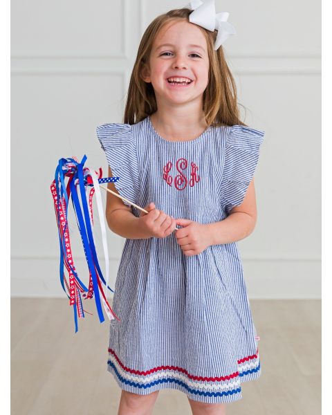 Classic Blue Seersucker Woven Butterfly Sleeve Bow Dress