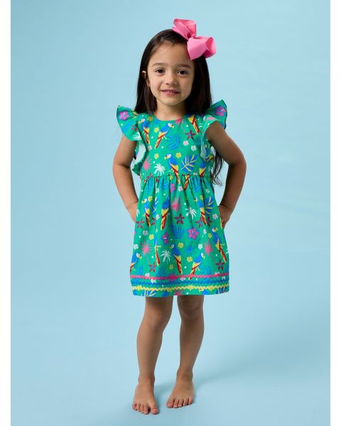 Parrot Palms Woven Butterfly Sleeve Bow Dress