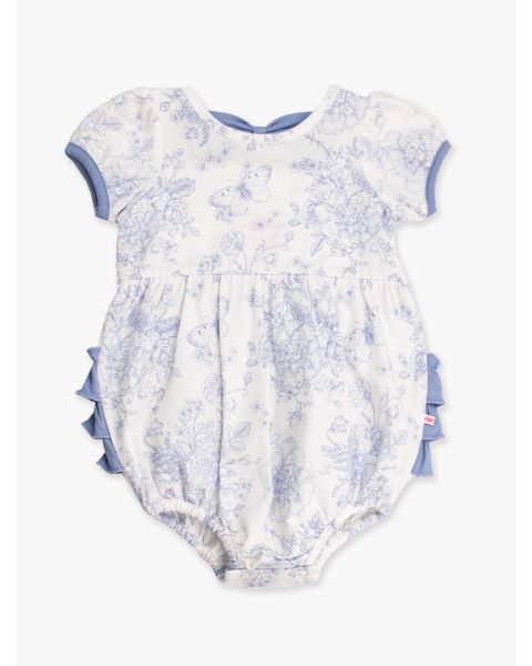 Periwinkle Blue Butterfly Garden Toile Puff Short Sleeve Bow Bubble Romper
