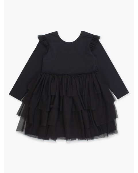 Black Flutter Tulle Long Sleeve Twirl Dress