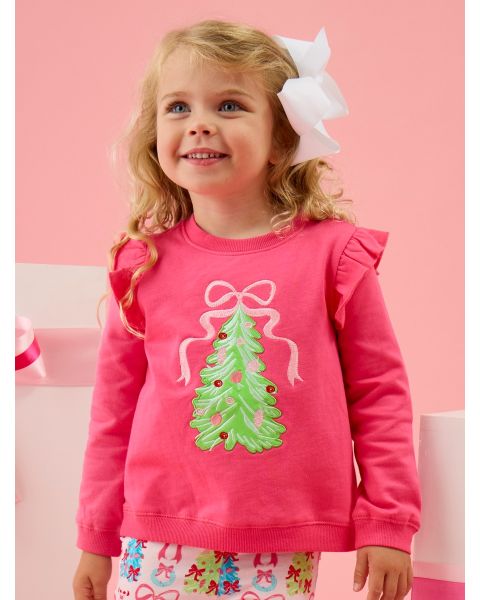 Christmas Tree Hot Pink Applique Flutter Sweatshirt