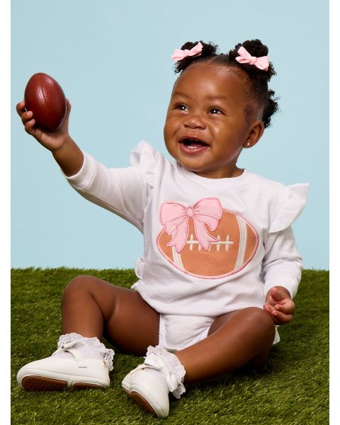 Football Bow White Applique Sweatshirt Bubble Romper
