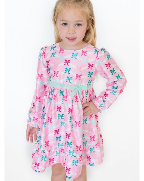 Sparkle Pink Tinsel Tidings Satin Ruffle Bow Dress