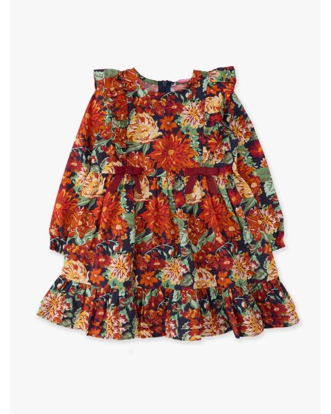 Autumn Blooms Woven Long Sleeve Waterfall Bow Dress