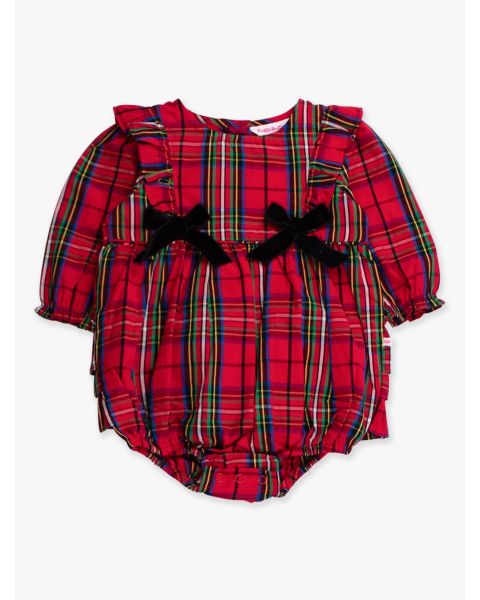 Red Nicholas Plaid Woven Long Sleeve Waterfall Bow Bubble Romper