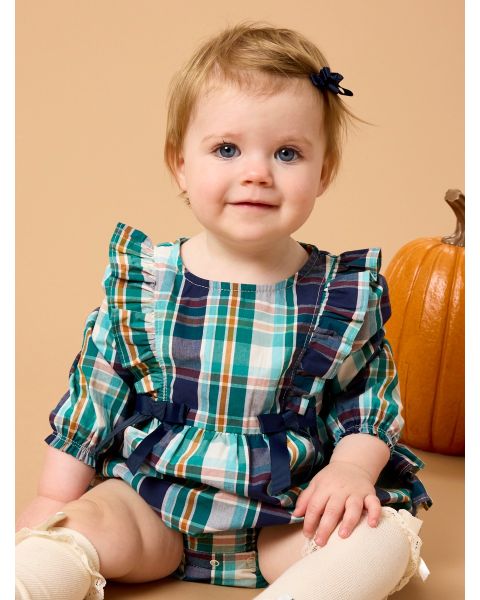Forrest Plaid Woven Long Sleeve Waterfall Bow Bubble Romper