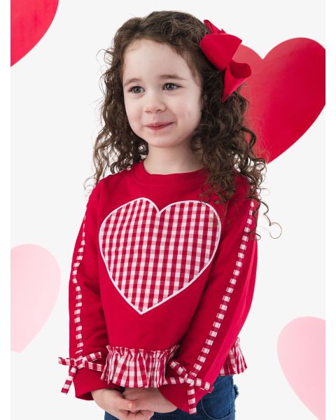 Heart Red Gingham Applique Ruffle Bow Sweatshirt