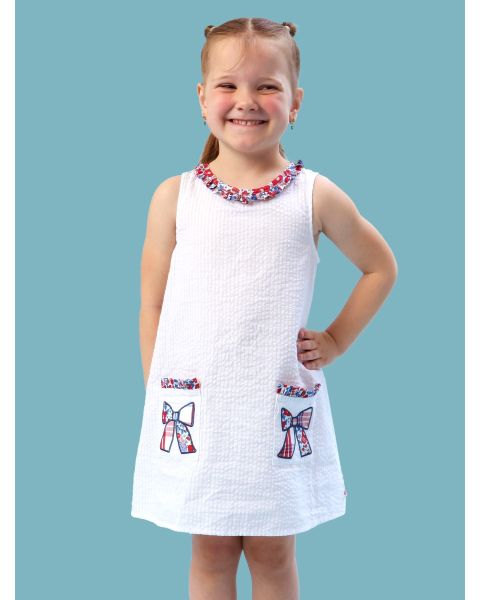 Freedom Floral Bow Seersucker Ruffle Pocket Dress