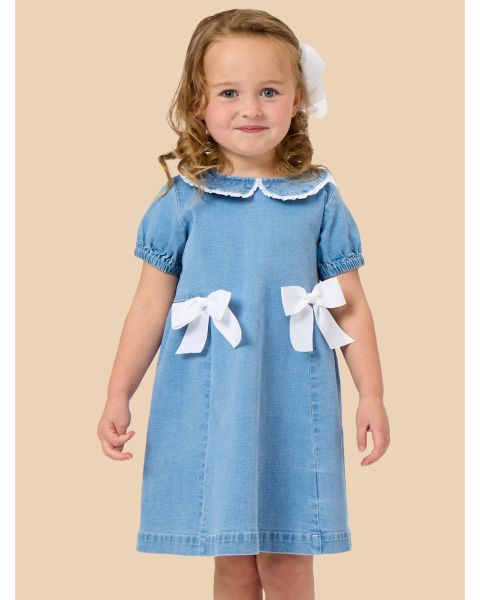 Light Wash Stretch Denim Peter Pan Ruffle Bow Short Sleeve Dress