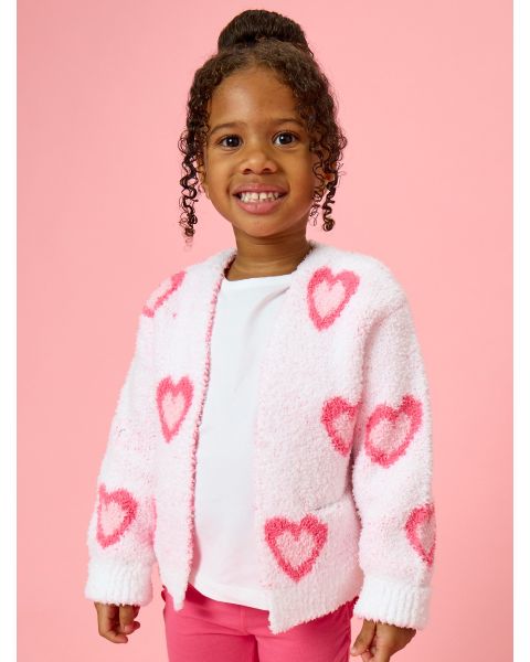 Pink Hearts Cozy Sweater Knit Open Cardigan with Pockets