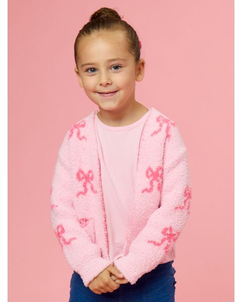 Hot Pink Bows Cozy Sweater Knit Open Cardigan with Pockets