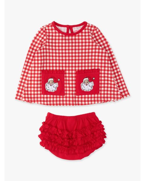 Red & White Gingham Knit Long Sleeve Applique Pocket Swing Set
