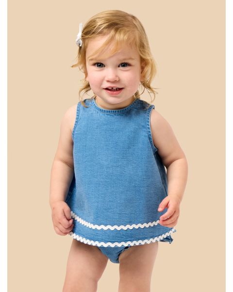 Light Wash Stretch Denim Ric Rac Swing Top and Bloomer Set