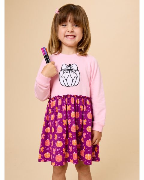 Pumpkin Bow Patch Pink Colorable Applique Long Sleeve Mixed Media Dress