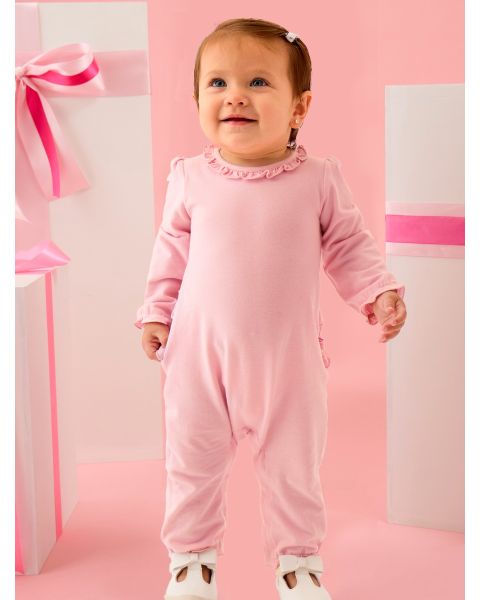 Pink Knit Long Sleeve Ruffle Full Length Romper