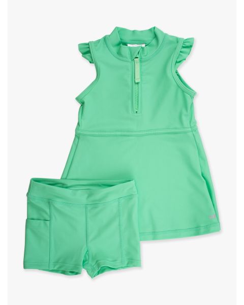 Spring Green Active Sleeveless Zip Ruffle Sleeve Dress & Bike Short Set