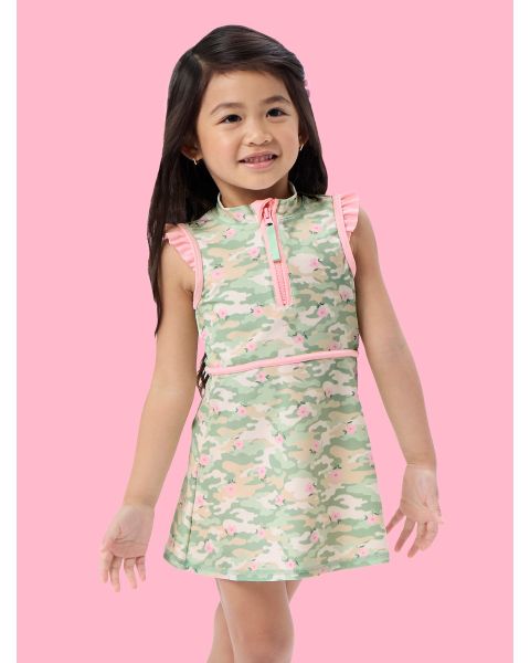 Sage Blossom Camo Active Sleeveless Zip Ruffle Sleeve Dress & Bike Short Set