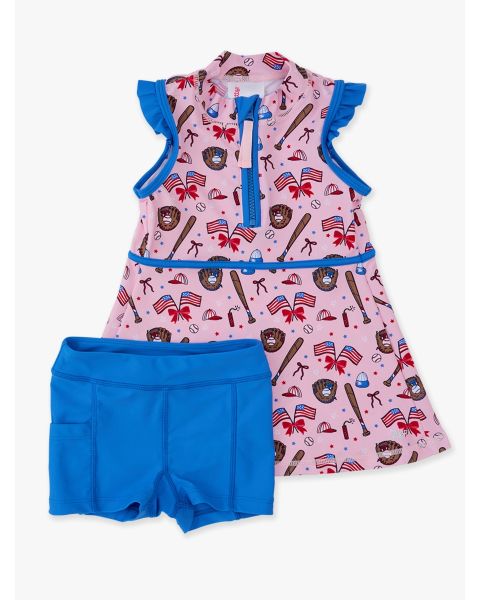 Pink Stars & Strikes Active Sleeveless Zip Ruffle Sleeve Dress & Bike Short Set