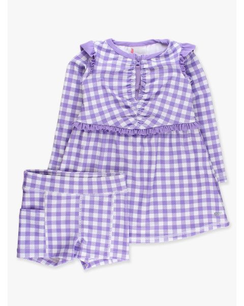 Wisteria Purple Gingham Active Long Sleeve Zip Flutter Dress & Bike Short Set