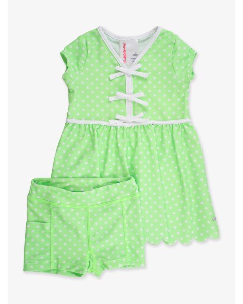 Neon Honeydew Polka Dot Active Short Sleeve Bow Dress & Bike Short Set