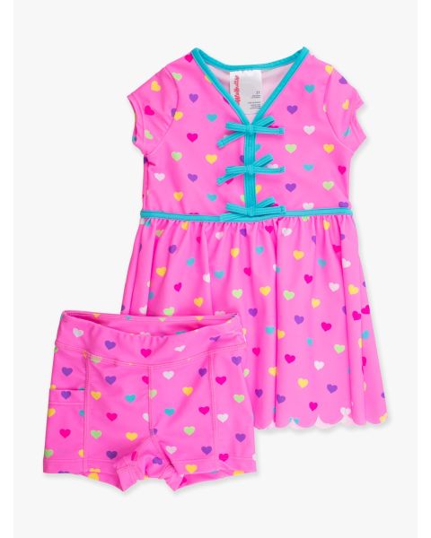 Neon Pink Colorful Hearts Active Short Sleeve Bow Dress & Bike Short Set