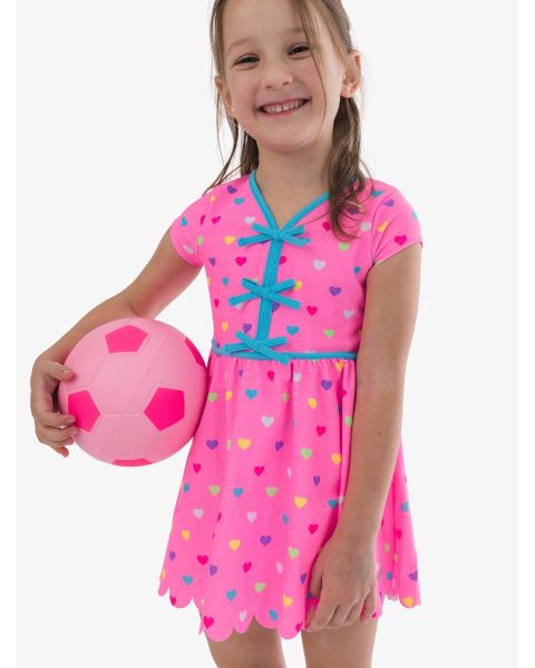 Neon Pink Colorful Hearts Active Short Sleeve Bow Dress & Bike Short Set