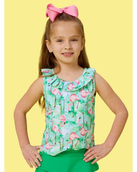 Green Vibrant Flamingo Active Ruffle Tank Top