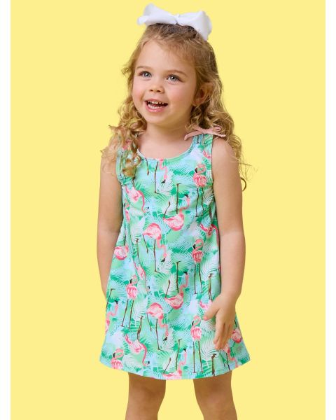 Green Vibrant Flamingo Active A-Line Bow Dress & Bike Short Set