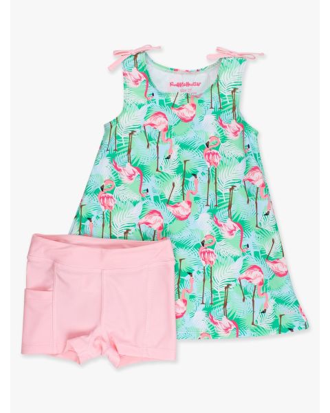 Green Vibrant Flamingo Active A-Line Bow Dress & Bike Short Set