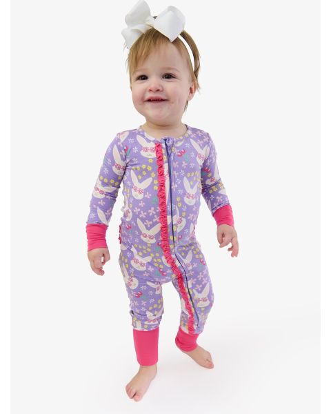 Purple Sunny Bunnies Convertible Ruffle One Piece Pajama, Bamboo Viscose