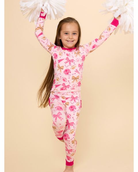 Footballs & Bows Toddler Ruffle Long Sleeve Pajama Set, Bamboo Viscose