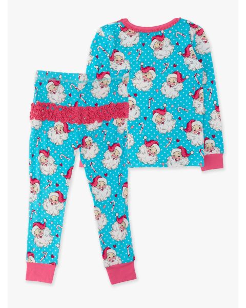 Blue Dots Santa Joy Ruffle Long Sleeve Pajama Set, Bamboo Viscose