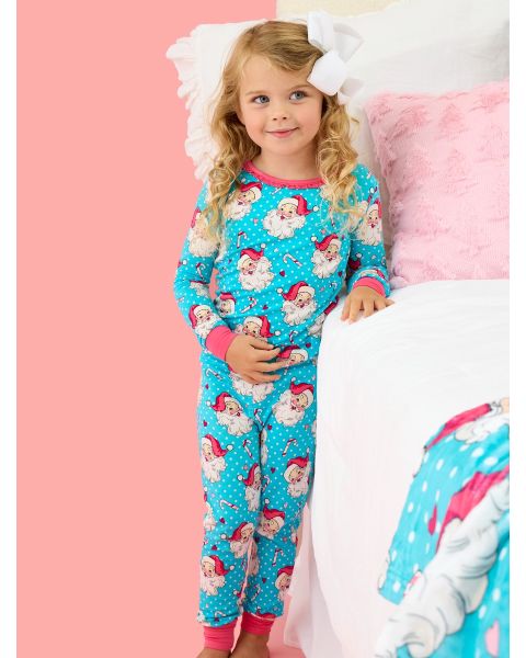 Blue Dots Santa Joy Ruffle Long Sleeve Pajama Set, Bamboo Viscose