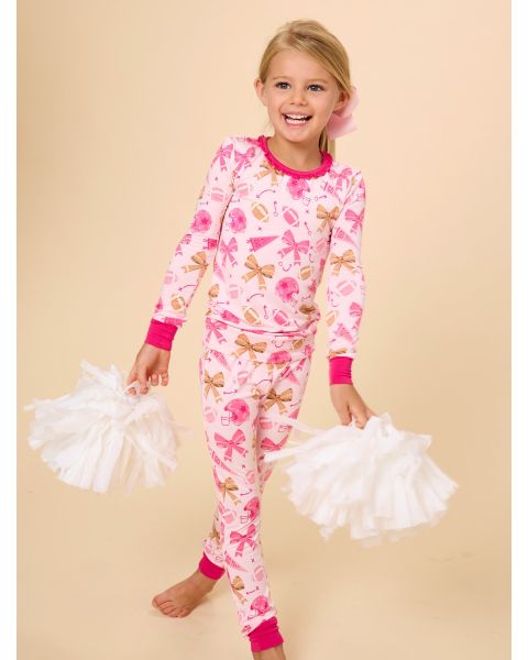 Footballs & Bows Ruffle Long Sleeve Pajama Set, Bamboo Viscose