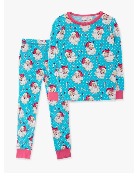 Blue Dots Santa Joy Girls Ruffle Long Sleeve Pajama Set, Bamboo Viscose