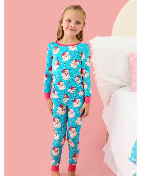Blue Dots Santa Joy Girls Ruffle Long Sleeve Pajama Set, Bamboo Viscose
