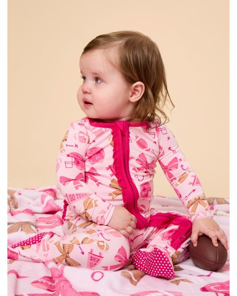 Footballs & Bows Ruffle One Piece Footie Pajamas