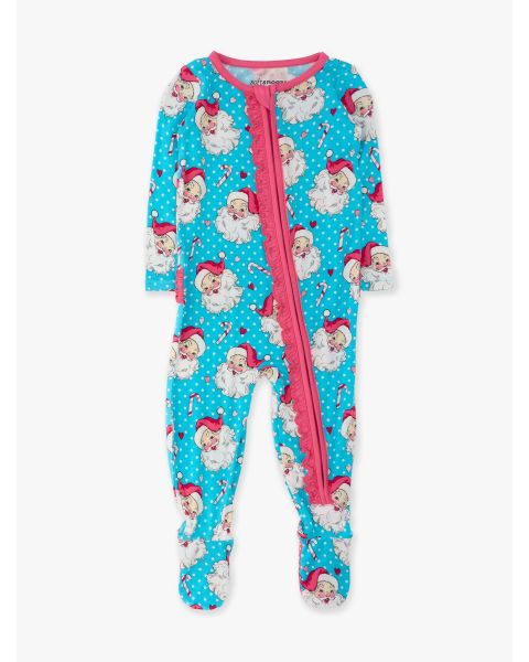 Blue Dots Santa Joy Ruffle One Piece Footie Pajamas