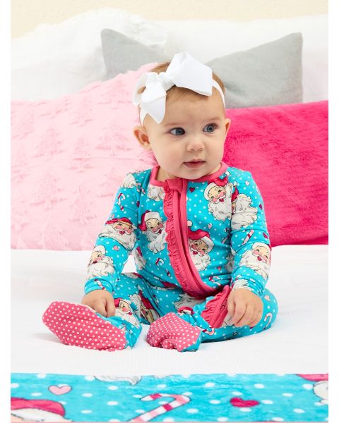 Blue Dots Santa Joy Ruffle One Piece Footie Pajamas
