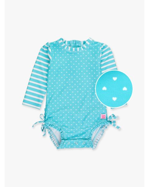 Bright Aqua Heart Polka Dot Long Sleeve One Piece Rash Guard