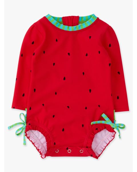 Watermelon Long Sleeve One Piece Rash Guard Swimsuit, with Signature Rear Ruffles