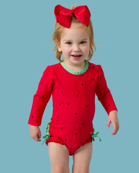 Watermelon Long Sleeve One Piece Rash Guard Swimsuit, with Signature Rear Ruffles