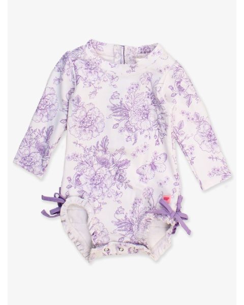 Wisteria Purple Butterfly Garden Toile Long Sleeve One Piece Rash Guard