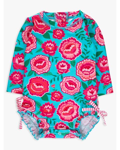 Bright Blossoms Long Sleeve One Piece Rash Guard Swimsuit, with Signature Rear Ruffles