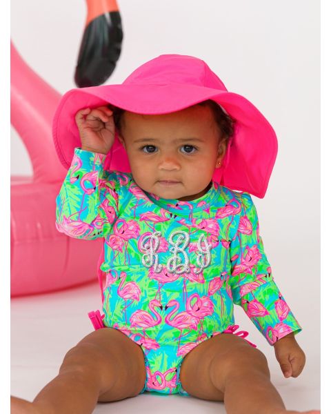 Neon Flamingo Fun Long Sleeve One Piece Rash Guard Swimsuit, with Signature Rear Ruffles